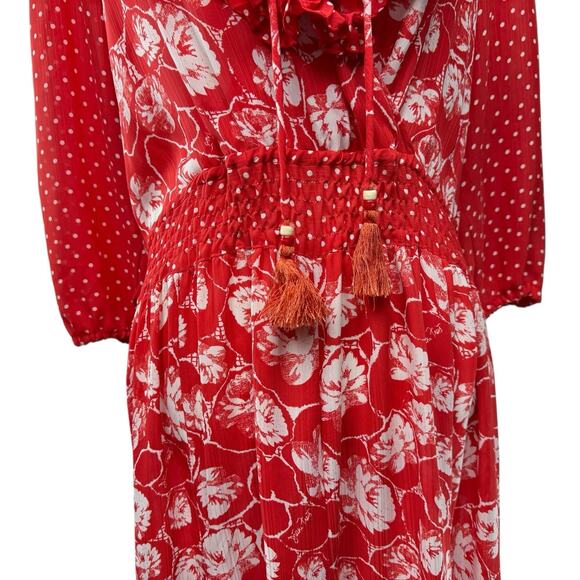 Diane Freis Georgette Midi Dress Size Large Pleated Floral Red Ruffles VTG 80s - Picture 3 of 10